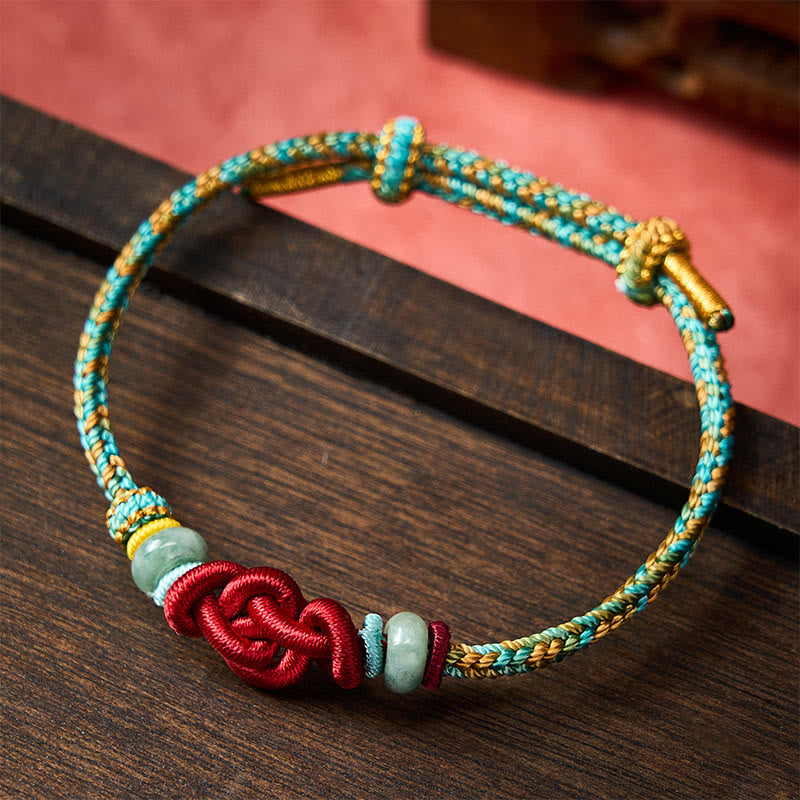 EverestArtstudios Handmade Braided Yellow Green Wenchang Knot Jade Luck Adjustable Bracelet