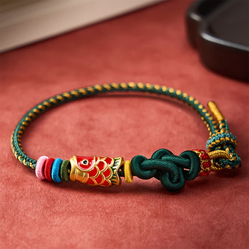 Buddha Stones Hand-Woven Dark Green Yellow String Red Koi Fish Protection Bracelet