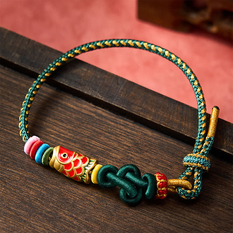 Buddha Stones Hand-Woven Dark Green Yellow String Red Koi Fish Protection Bracelet