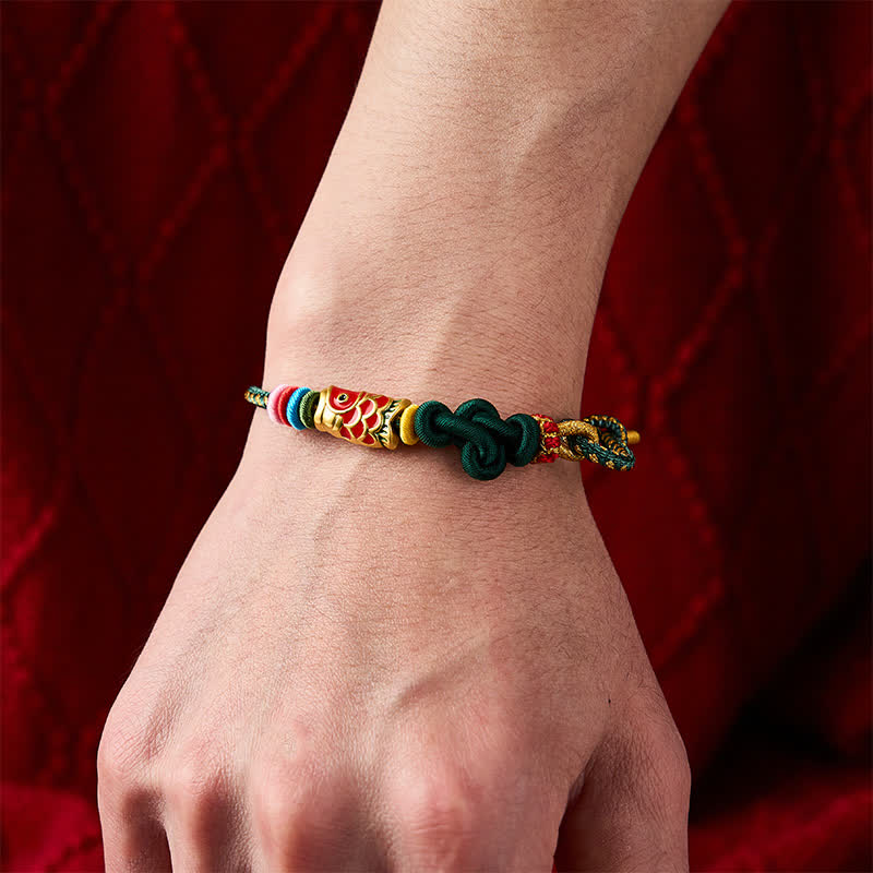 Buddha Stones Hand-Woven Dark Green Yellow String Red Koi Fish Protection Bracelet