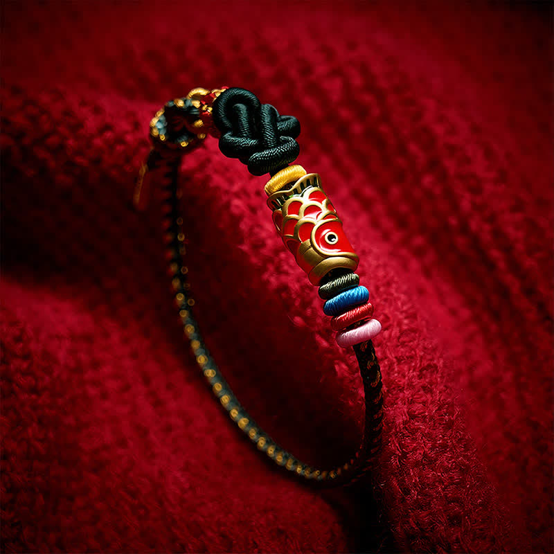 Buddha Stones Hand-Woven Dark Green Yellow String Red Koi Fish Protection Bracelet