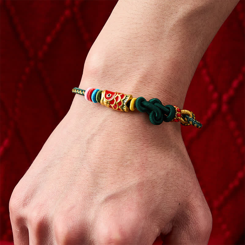 Buddha Stones Hand-Woven Dark Green Yellow String Red Koi Fish Protection Bracelet