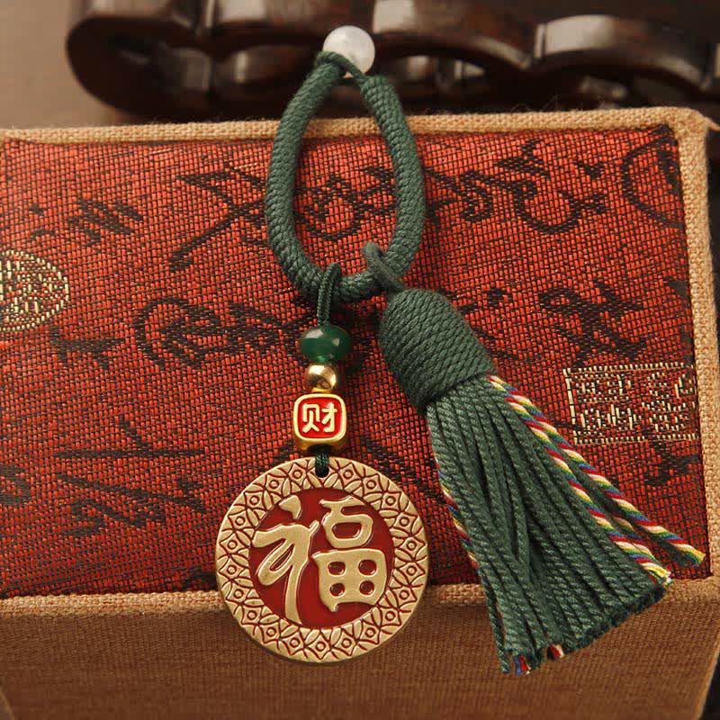 Buddha Stones Brass Hand-Woven Red String Fu Character Blessing Tassel Keychains