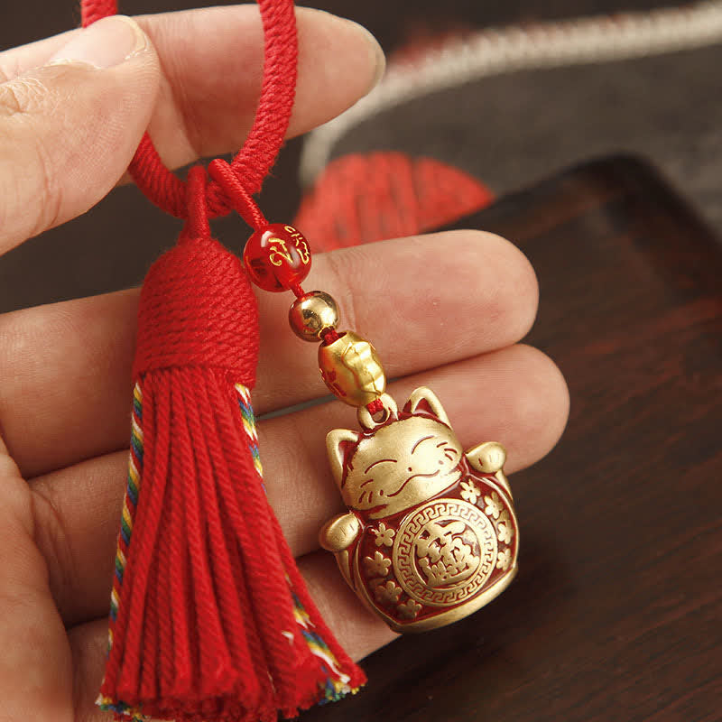Buddha Stones Brass Hand-Woven Red String Fu Character Blessing Tassel Keychains