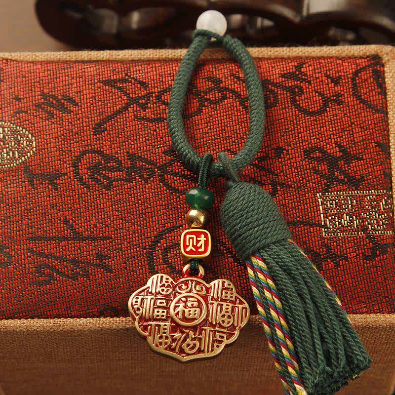 Buddha Stones Brass Hand-Woven Red String Fu Character Blessing Tassel Keychains