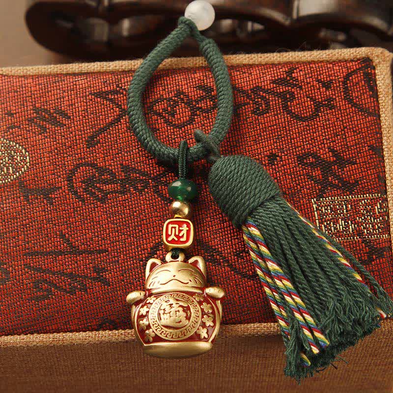 Buddha Stones Brass Hand-Woven Red String Fu Character Blessing Tassel Keychains