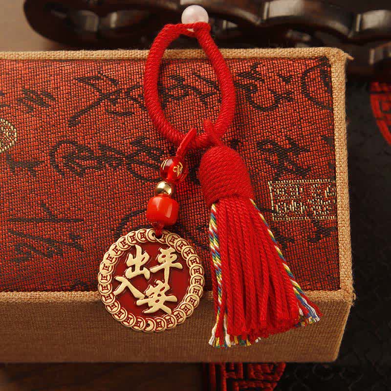 Buddha Stones Brass Hand-Woven Red String Fu Character Blessing Tassel Keychains