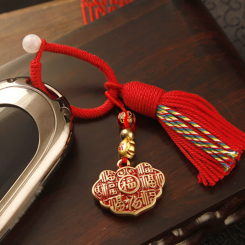Buddha Stones Brass Hand-Woven Red String Fu Character Blessing Tassel Keychains