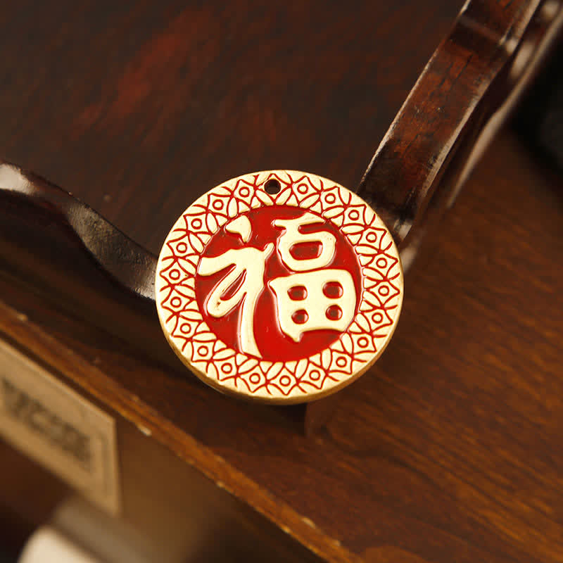 Buddha Stones Brass Hand-Woven Red String Fu Character Blessing Tassel Keychains