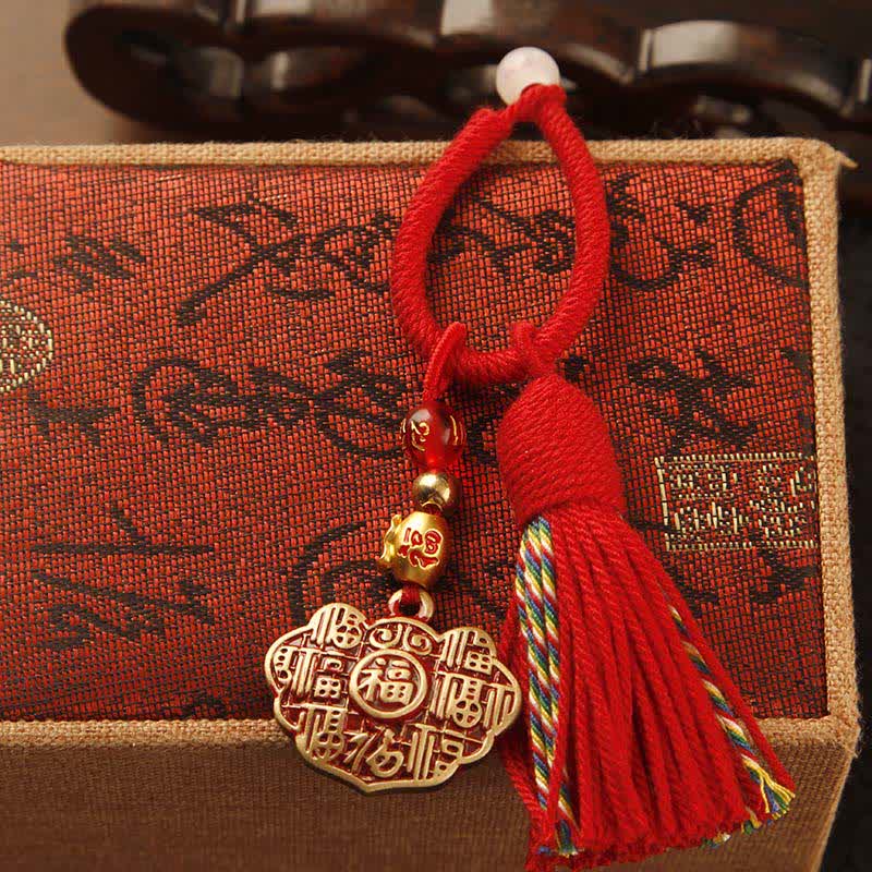 Buddha Stones Brass Hand-Woven Red String Fu Character Blessing Tassel Keychains