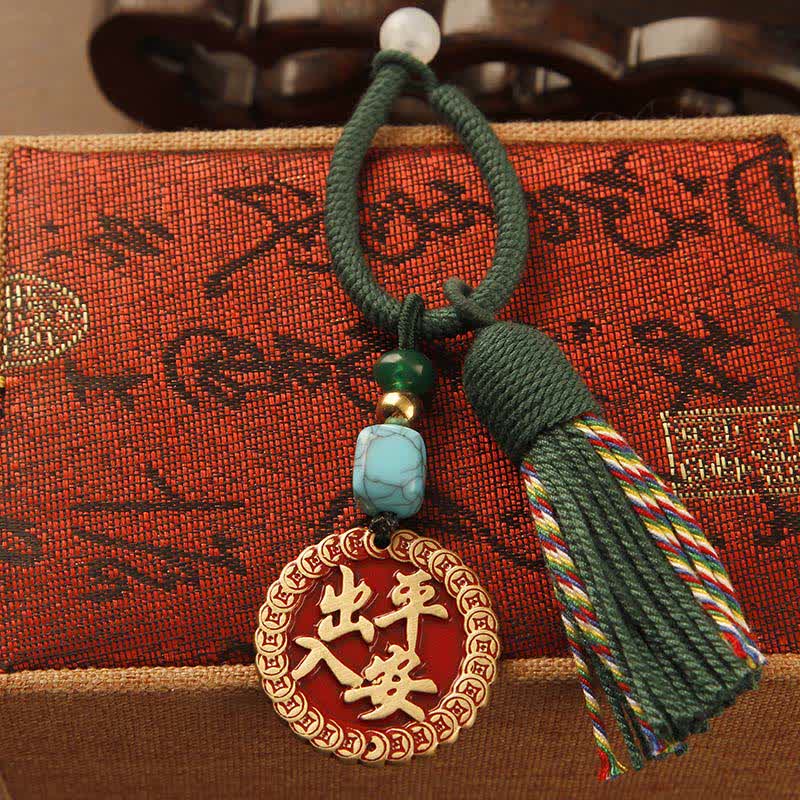 Buddha Stones Brass Hand-Woven Red String Fu Character Blessing Tassel Keychains