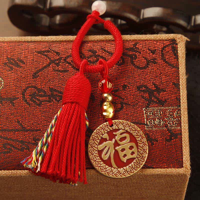 Buddha Stones Brass Hand-Woven Red String Fu Character Blessing Tassel Keychains
