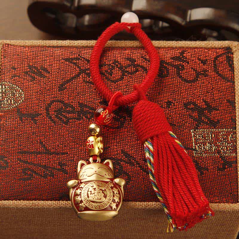 Buddha Stones Brass Hand-Woven Red String Fu Character Blessing Tassel Keychains