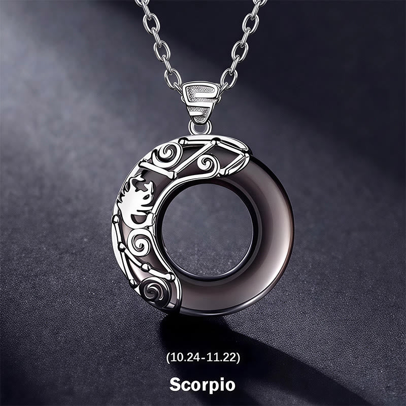 Buddha Stones 12 Constellations of the Zodiac Ice Obsidian Blessing Round Pendant Necklace
