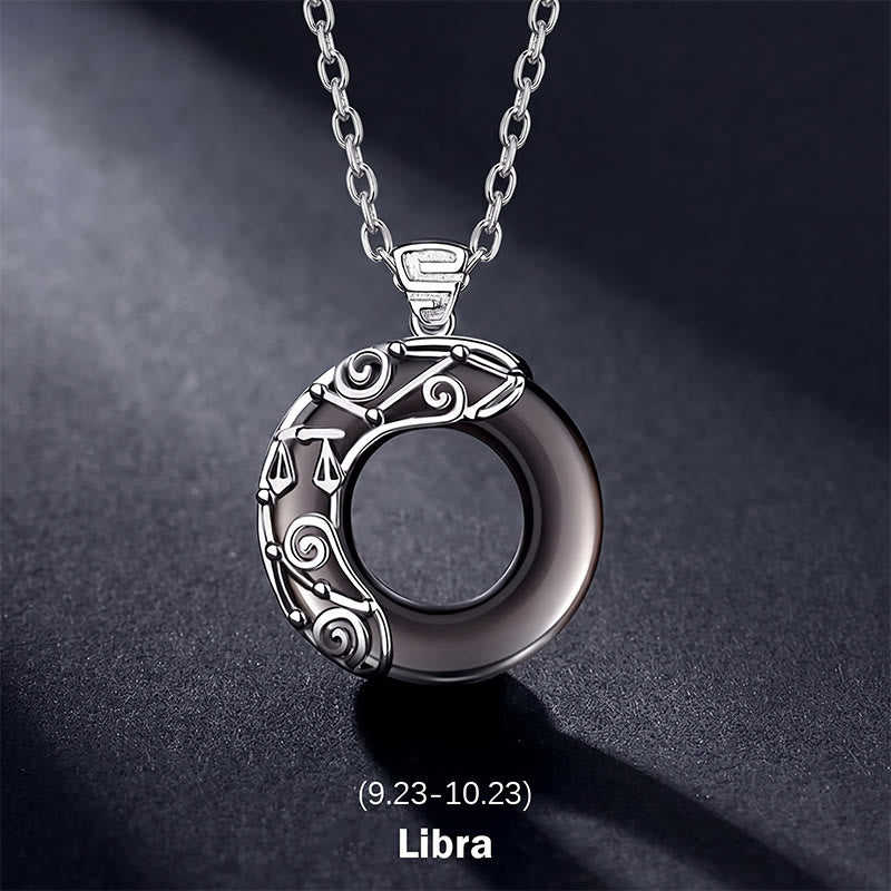 Buddha Stones 12 Constellations of the Zodiac Ice Obsidian Blessing Round Pendant Necklace