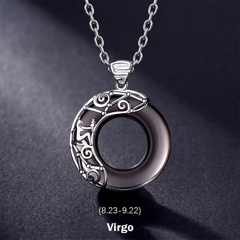 Buddha Stones 12 Constellations of the Zodiac Ice Obsidian Blessing Round Pendant Necklace