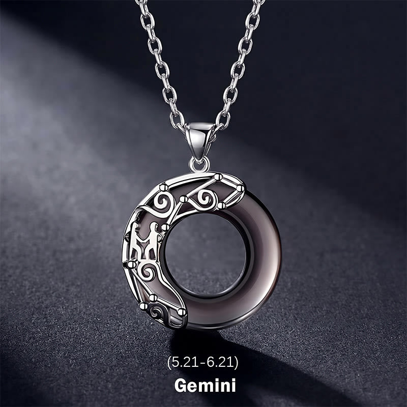 Buddha Stones 12 Constellations of the Zodiac Ice Obsidian Blessing Round Pendant Necklace