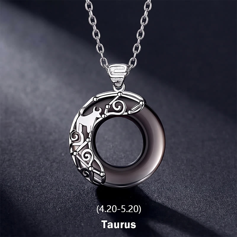 Buddha Stones 12 Constellations of the Zodiac Ice Obsidian Blessing Round Pendant Necklace