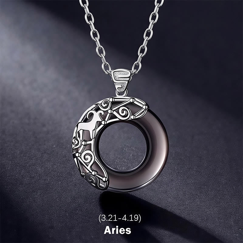 Buddha Stones 12 Constellations of the Zodiac Ice Obsidian Blessing Round Pendant Necklace