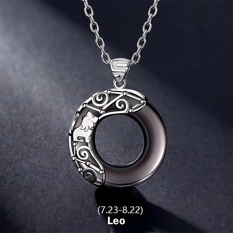 Buddha Stones 12 Constellations of the Zodiac Ice Obsidian Blessing Round Pendant Necklace