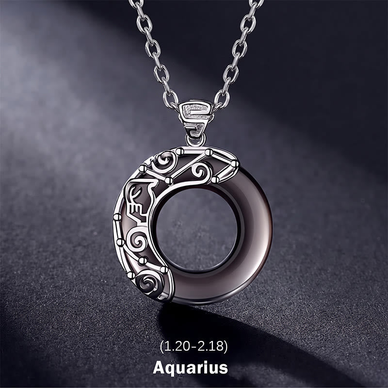 Buddha Stones 12 Constellations of the Zodiac Ice Obsidian Blessing Round Pendant Necklace