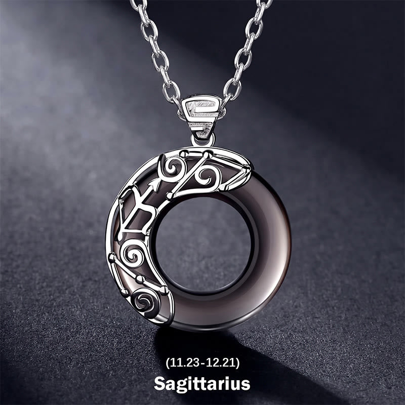 Buddha Stones 12 Constellations of the Zodiac Ice Obsidian Blessing Round Pendant Necklace