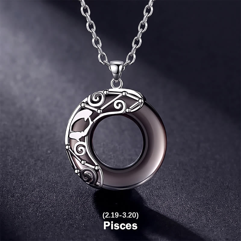 Buddha Stones 12 Constellations of the Zodiac Ice Obsidian Blessing Round Pendant Necklace