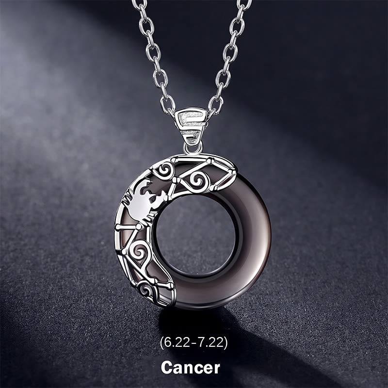 Buddha Stones 12 Constellations of the Zodiac Ice Obsidian Blessing Round Pendant Necklace