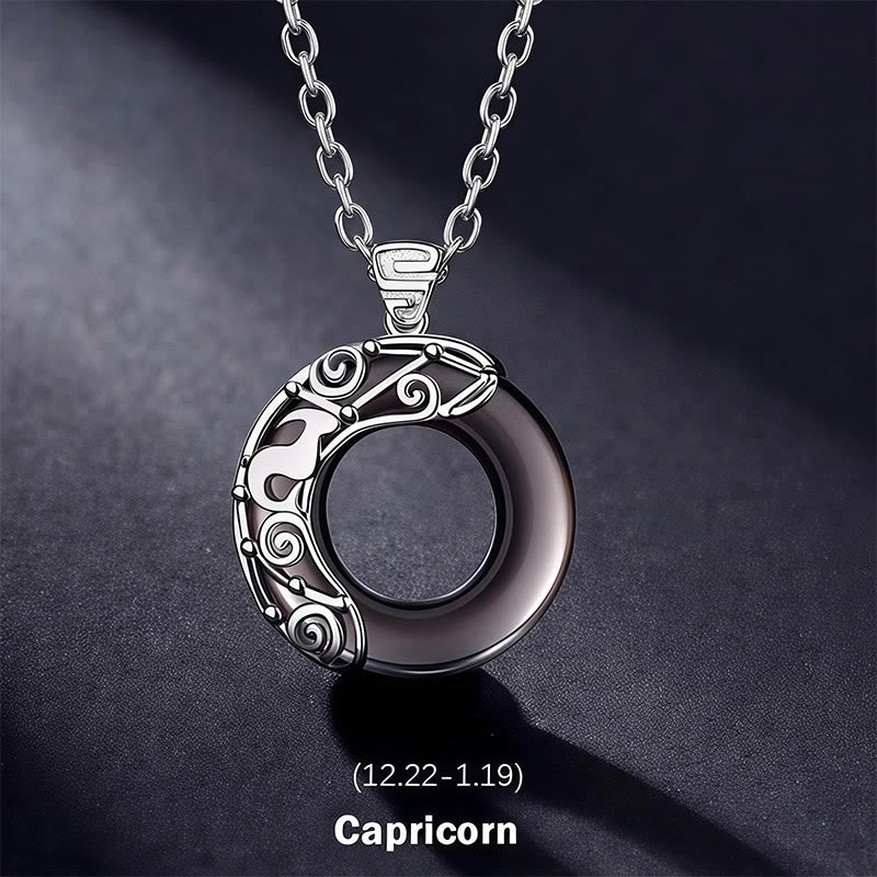 Buddha Stones 12 Constellations of the Zodiac Ice Obsidian Blessing Round Pendant Necklace
