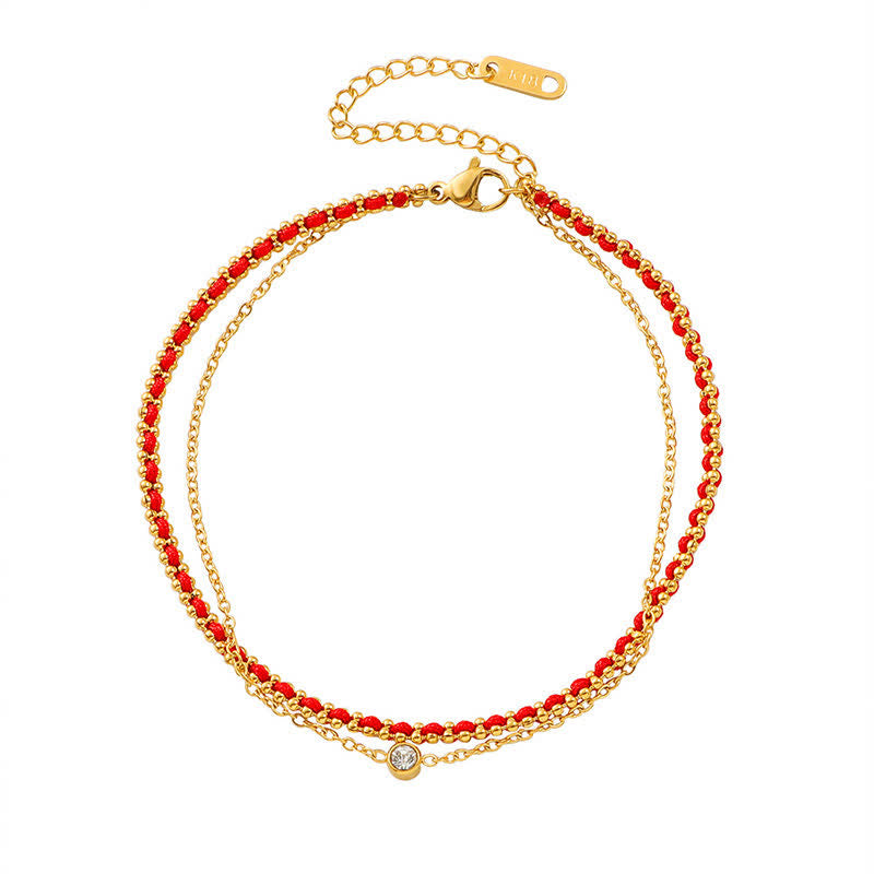 Buddha Stones Titanium Steel Red String Faith Double Wrap Anklet
