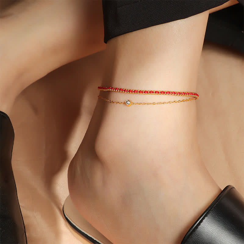 Buddha Stones Titanium Steel Red String Faith Double Wrap Anklet
