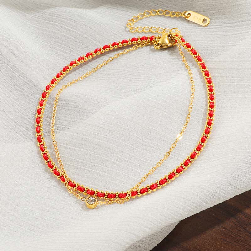 Buddha Stones Titanium Steel Red String Faith Double Wrap Anklet