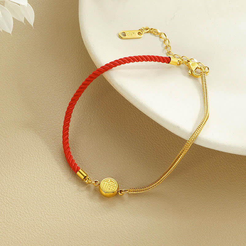 Buddha Stones Titanium Steel Fu Character Red String Blessing Braided Anklet