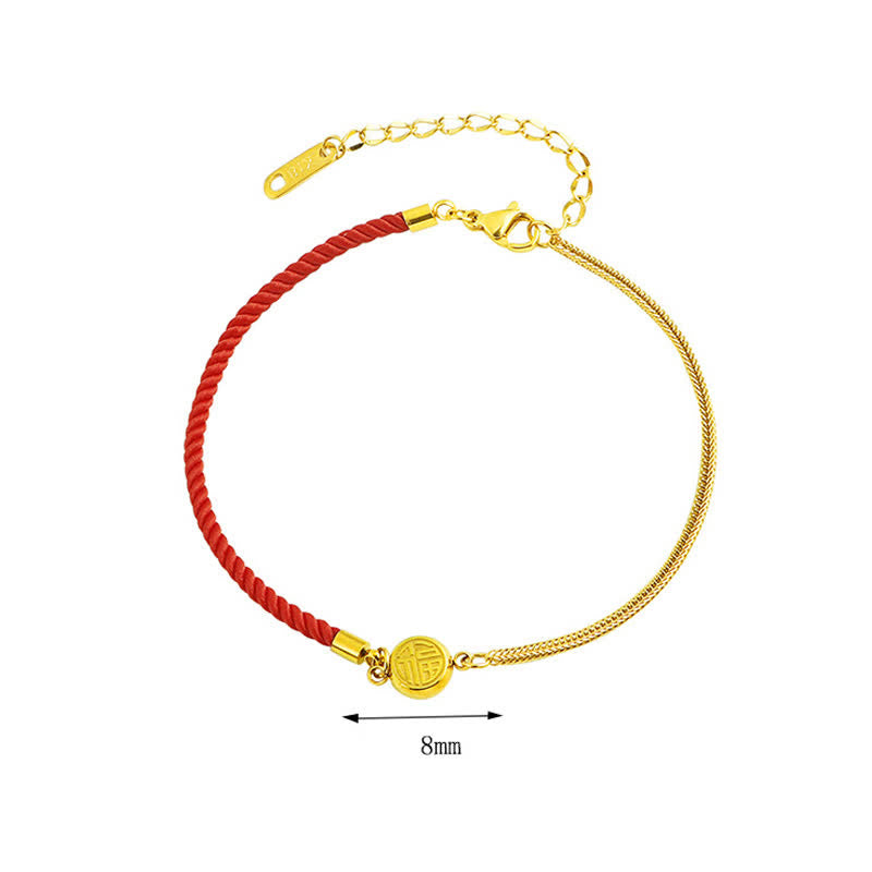 Buddha Stones Titanium Steel Fu Character Red String Blessing Braided Anklet