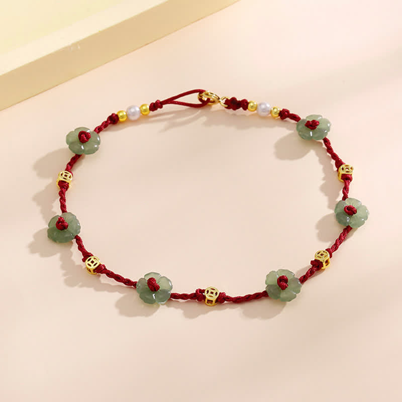 Buddha Stones Hand-Woven Red String Protection Floral Charm Anklet