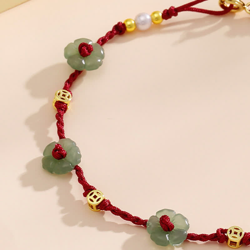 Buddha Stones Hand-Woven Red String Protection Floral Charm Anklet