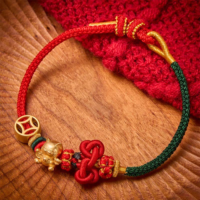 Buddha Stones Golden Lucky Cat Red String Protection Braided Bracelet