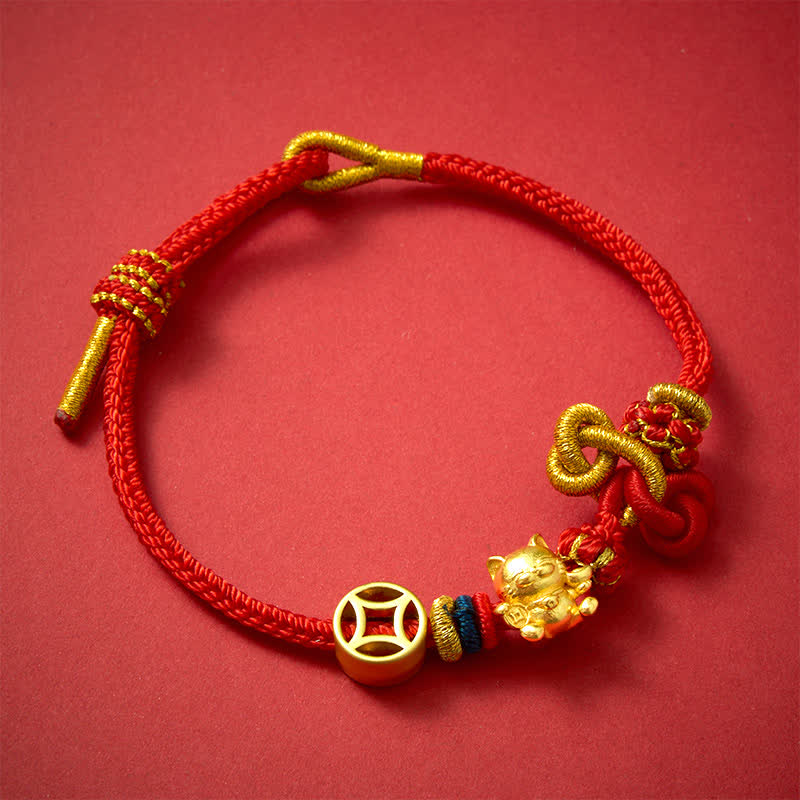 Buddha Stones Golden Lucky Cat Red String Protection Braided Bracelet