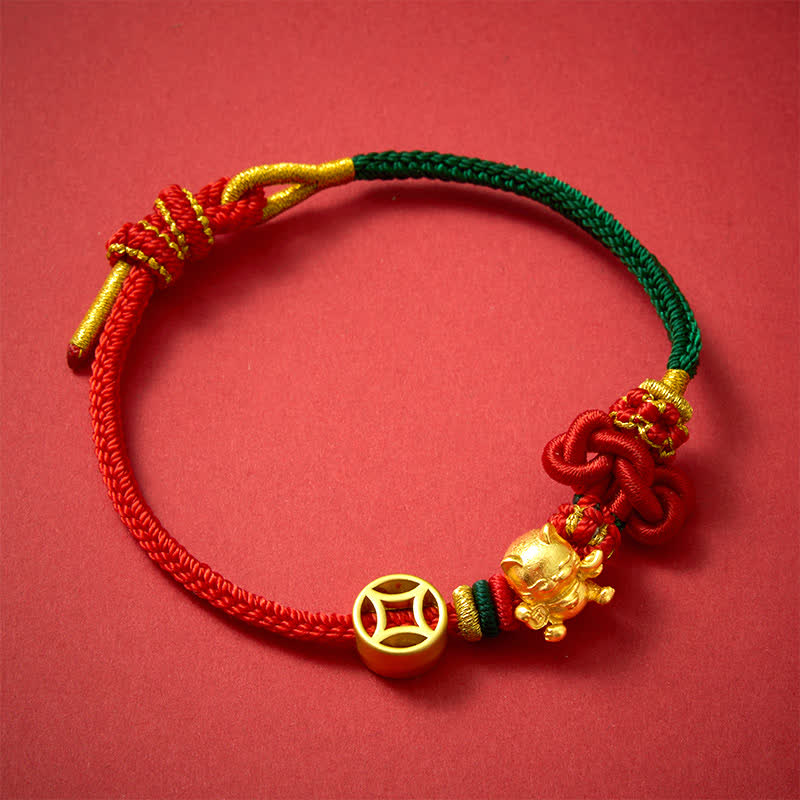 Buddha Stones Golden Lucky Cat Red String Protection Braided Bracelet