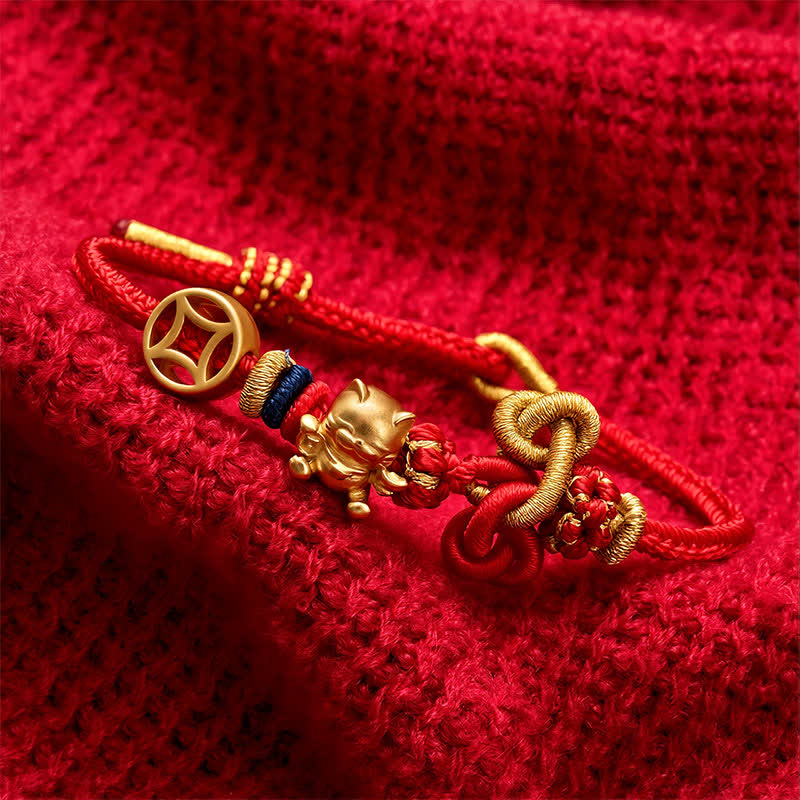 Buddha Stones Golden Lucky Cat Red String Protection Braided Bracelet