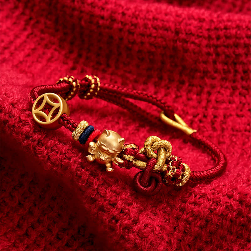 Buddha Stones Golden Lucky Cat Red String Protection Braided Bracelet