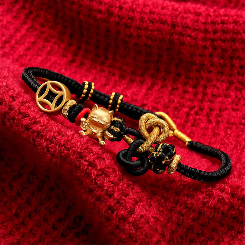 Buddha Stones Golden Lucky Cat Red String Protection Braided Bracelet