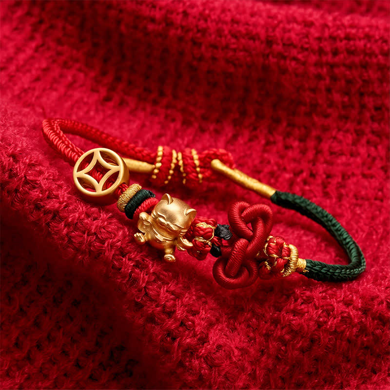 Buddha Stones Golden Lucky Cat Red String Protection Braided Bracelet