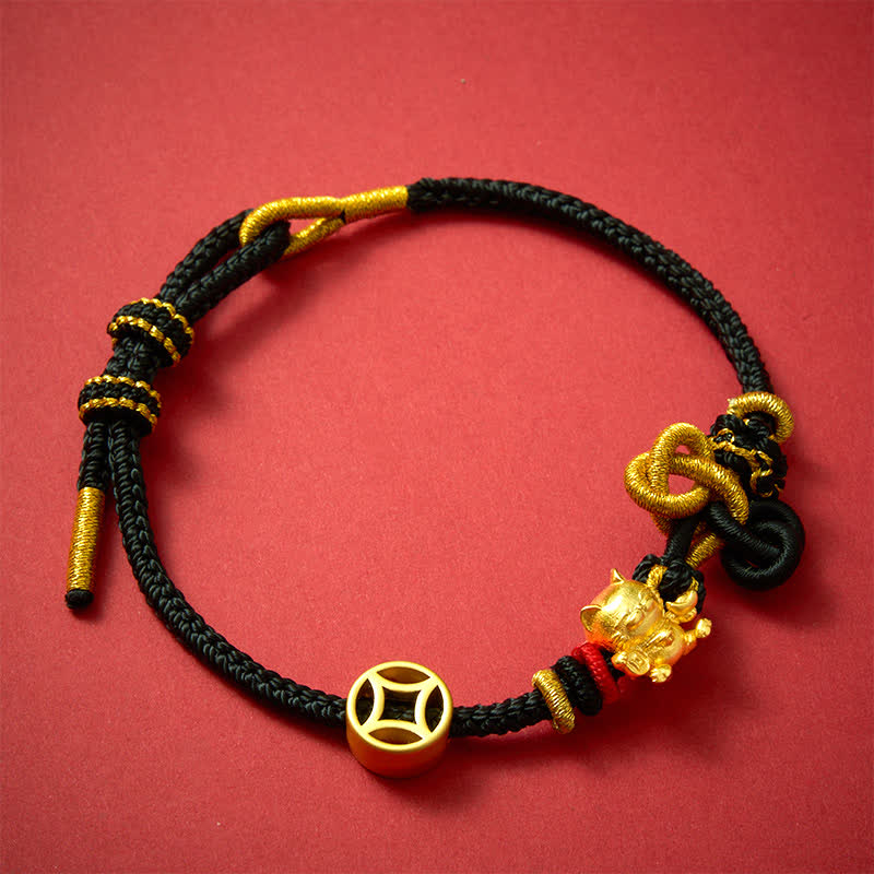 Buddha Stones Golden Lucky Cat Red String Protection Braided Bracelet