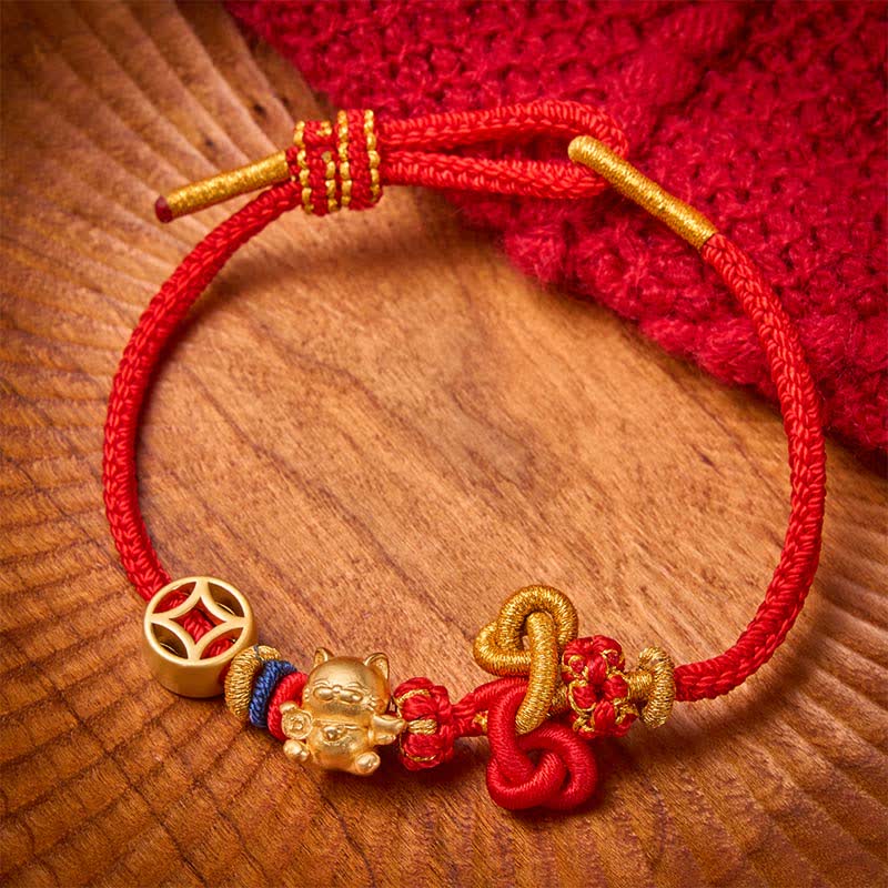 Buddha Stones Golden Lucky Cat Red String Protection Braided Bracelet