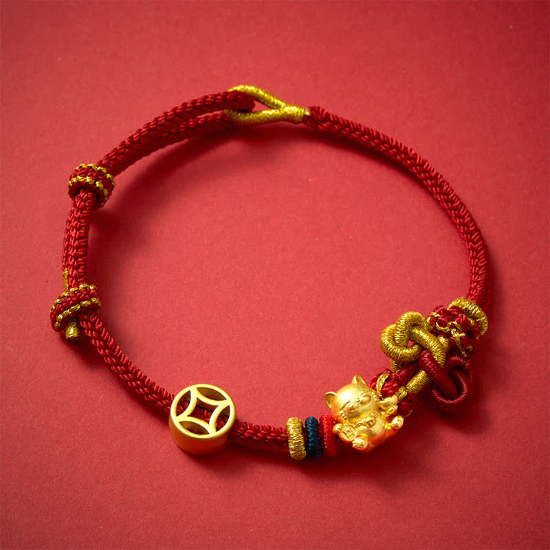 Buddha Stones Golden Lucky Cat Red String Protection Braided Bracelet