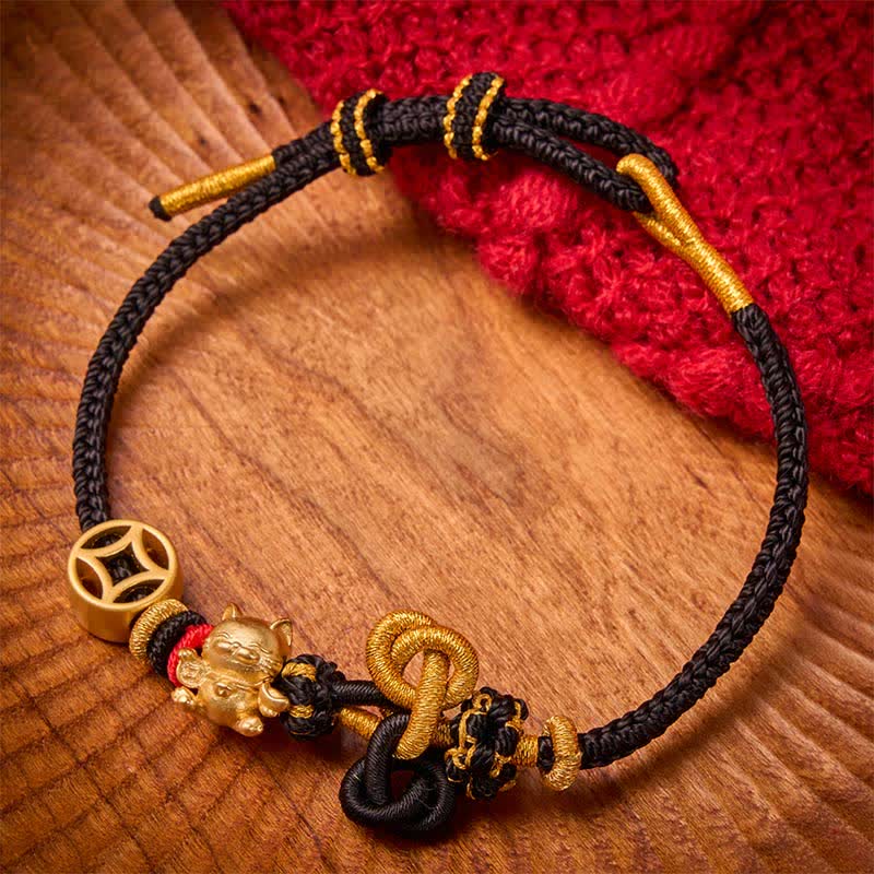 Buddha Stones Golden Lucky Cat Red String Protection Braided Bracelet