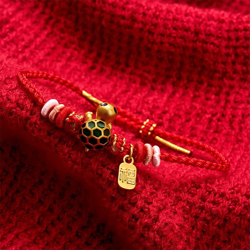 Buddha Stones Hand-Woven Red String Turtle Fu Character Endurance Bracelet