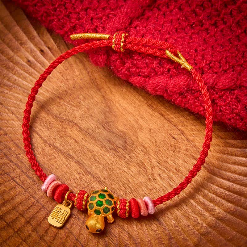 Buddha Stones Hand-Woven Red String Turtle Fu Character Endurance Bracelet