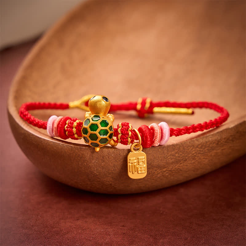 Buddha Stones Hand-Woven Red String Turtle Fu Character Endurance Bracelet